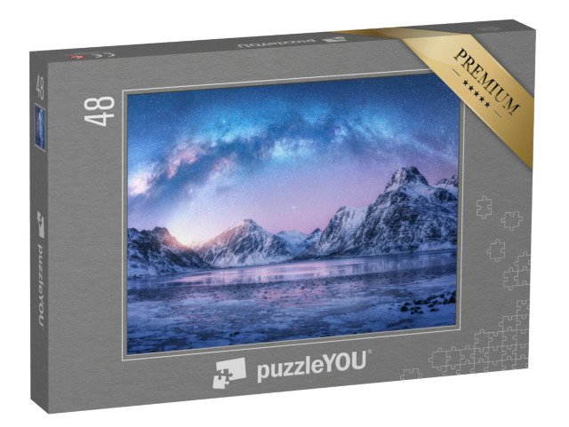 puzzle 48 dílků „Mléčná dráha nad zamrzlým mořem, zimní noc na Lofotských ostrovech, Norsko“