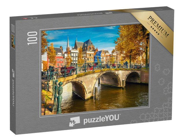 puzzle 100 dílků „Mosty přes kanály v Amsterdamu na podzim, Nizozemsko“