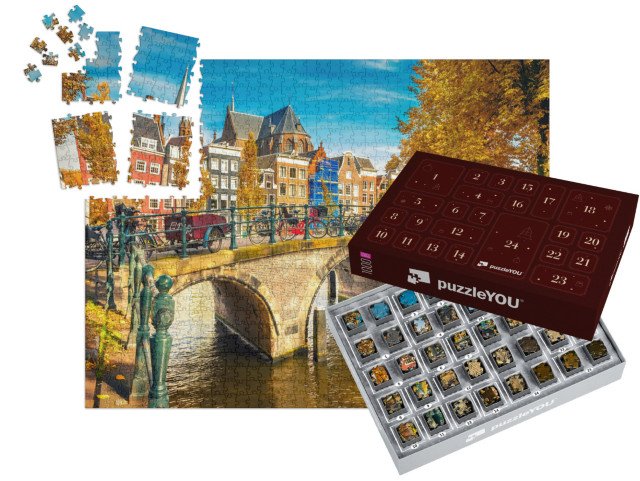 Adventní kalendář „Mosty přes kanály v Amsterdamu na podzim, Nizozemsko“