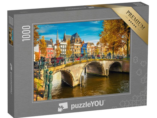 puzzle 1000 dílků „Mosty přes kanály v Amsterdamu na podzim, Nizozemsko“