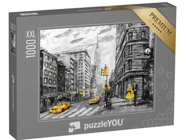 puzzle 1000 dílků XXL „Muž, žena a žlutý taxík, olejomalba pohled na ulici v New Yorku, USA“