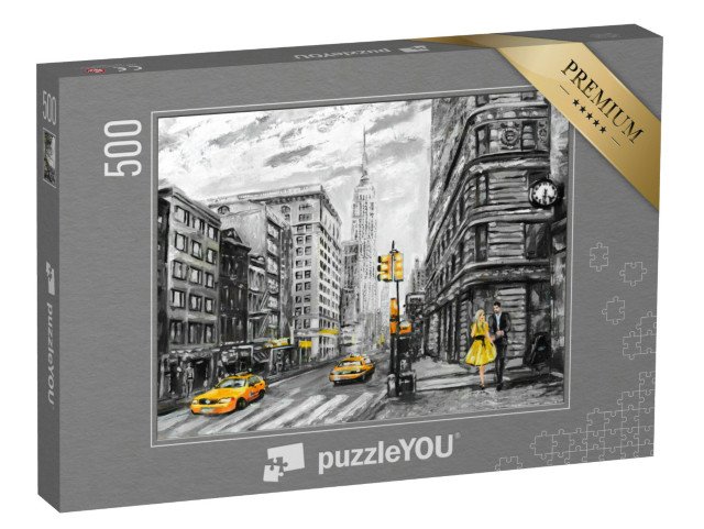 puzzle 500 dílků „Muž, žena a žlutý taxík, olejomalba pohled na ulici v New Yorku, USA“