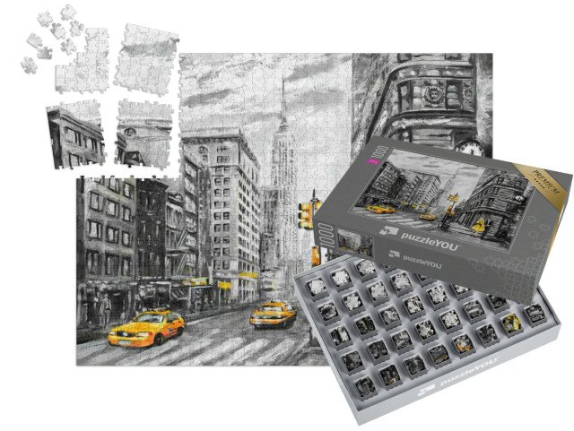 SMART SORTED® | Puzzle 1000 dílků „Muž, žena a žlutý taxík, olejomalba pohled na ulici v New Yorku, USA“