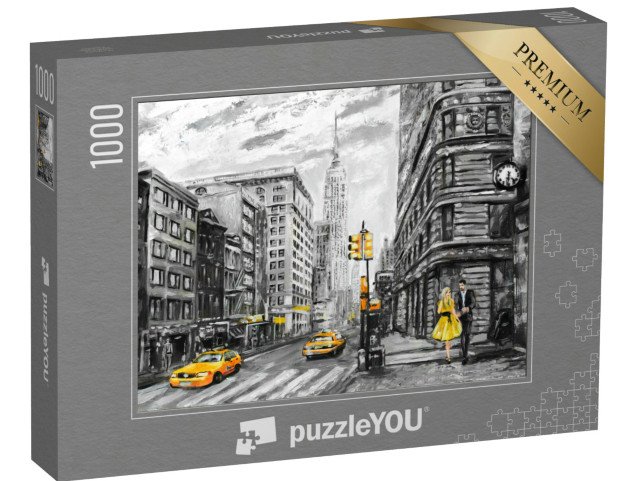 puzzle 1000 dílků „Muž, žena a žlutý taxík, olejomalba pohled na ulici v New Yorku, USA“