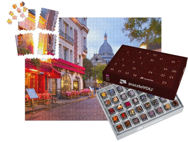 Adventní kalendář „Náměstí Place du Tertre s kavárenskými stolky a Sacre-Coeur, Paříž, Francie“
