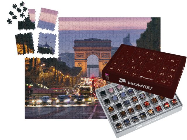 Adventní kalendář „Noční dopravní zácpa na Champs-Elysées, Paříž, Francie“