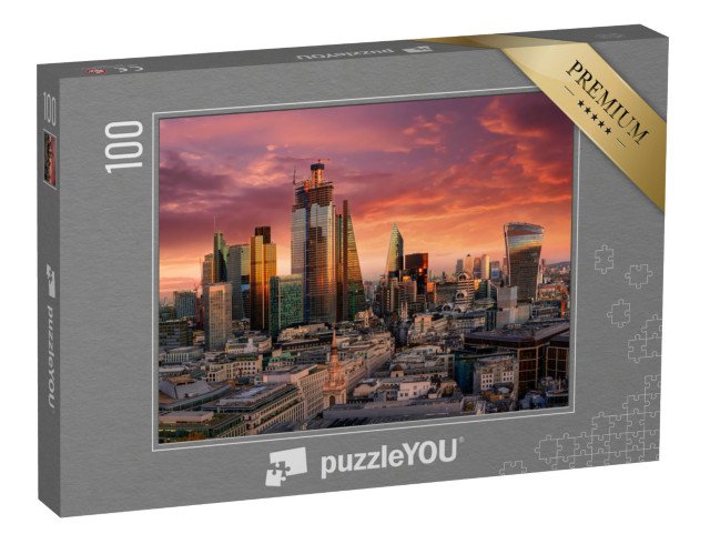 puzzle 100 dílků „Ohnivý západ slunce nad londýnskou finanční čtvrtí, Anglie“