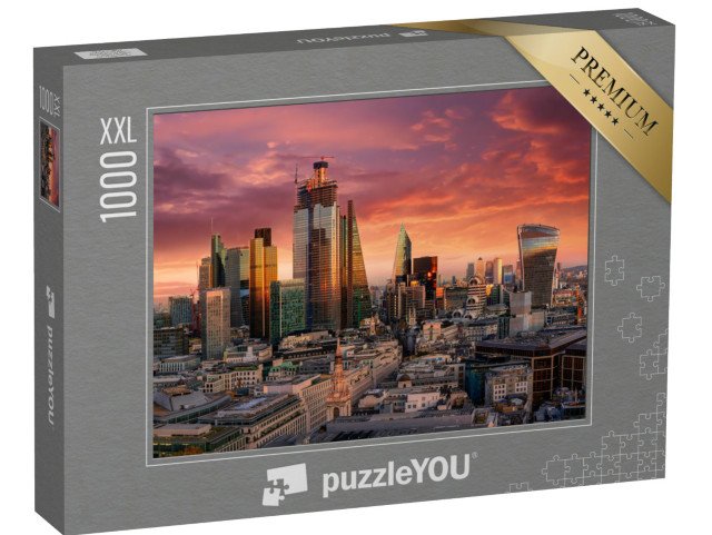 puzzle 1000 dílků XXL „Ohnivý západ slunce nad londýnskou finanční čtvrtí, Anglie“