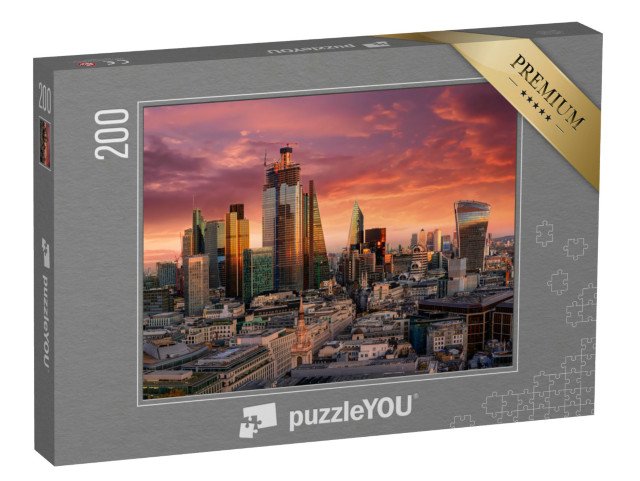 puzzle 200 dílků „Ohnivý západ slunce nad londýnskou finanční čtvrtí, Anglie“