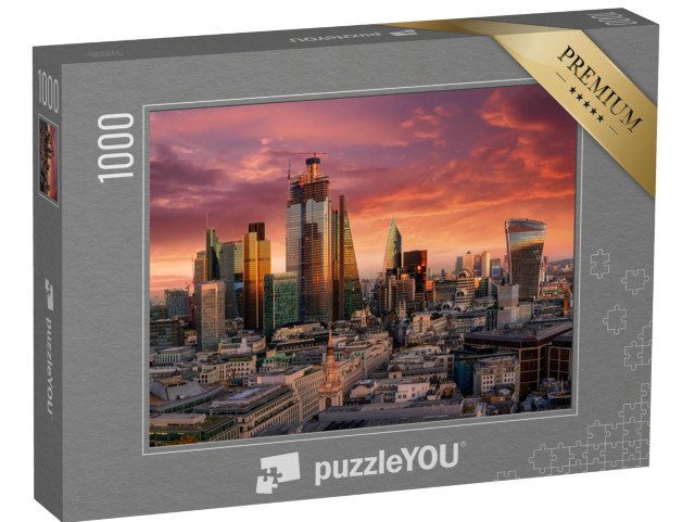 puzzle 1000 dílků „Ohnivý západ slunce nad londýnskou finanční čtvrtí, Anglie“