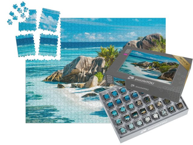 SMART SORTED® | Puzzle 1000 dílků „Okouzlující krásná pláž na Seychelách - Anse Source D'Argent“