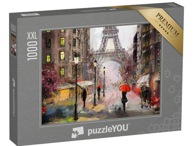 puzzle 1000 dílků XXL „Olejomalba s pohledem na Paříž: Eiffelova věž a lidé s deštníky, Francie“