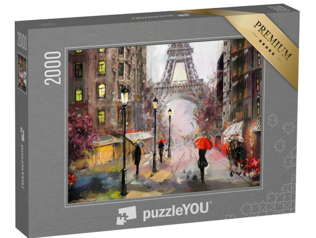 puzzle 2000 dílků „Olejomalba s pohledem na Paříž: Eiffelova věž a lidé s deštníky, Francie“
