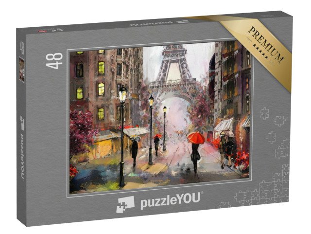 puzzle 48 dílků „Olejomalba s pohledem na Paříž: Eiffelova věž a lidé s deštníky, Francie“