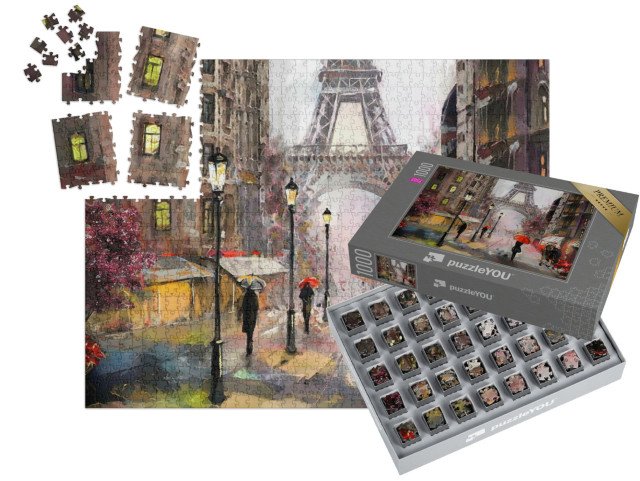 SMART SORTED® | Puzzle 1000 dílků „Olejomalba s pohledem na Paříž: Eiffelova věž a lidé s deštníky, Francie“