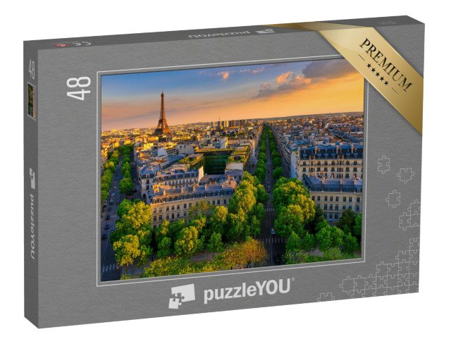 puzzle 48 dílků „Panorama Paříže s Eiffelovou věží při západu slunce, Francie“
