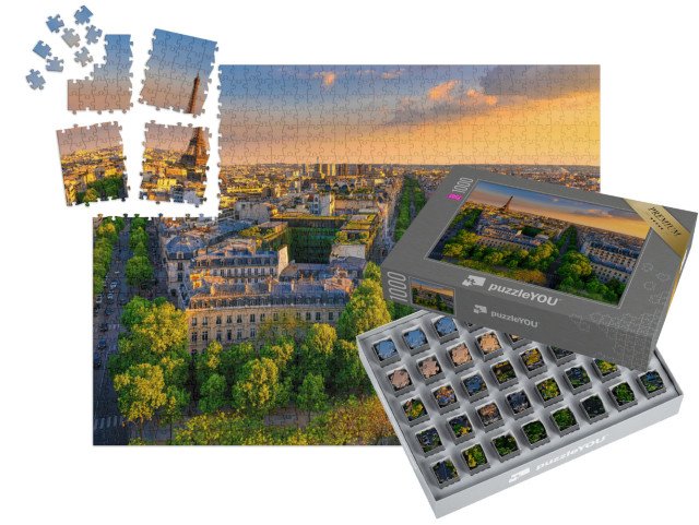 SMART SORTED® | Puzzle 1000 dílků „Panorama Paříže s Eiffelovou věží při západu slunce, Francie“