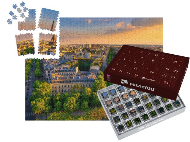 Adventní kalendář „Panorama Paříže s Eiffelovou věží při západu slunce, Francie“
