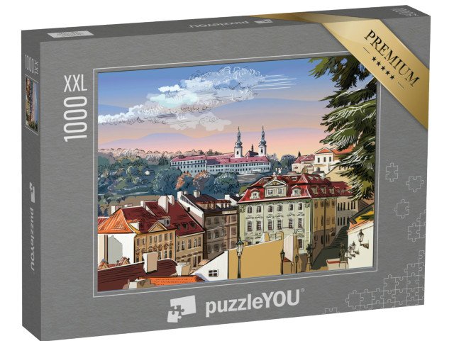 puzzle 1000 dílků XXL „Panoramatická krajina Prahy s vektorovou ruční kresbou, Česká republika“