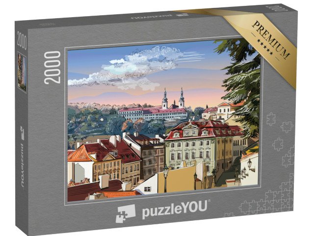 puzzle 2000 dílků „Panoramatická krajina Prahy s vektorovou ruční kresbou, Česká republika“