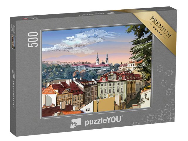 puzzle 500 dílků „Panoramatická krajina Prahy s vektorovou ruční kresbou, Česká republika“