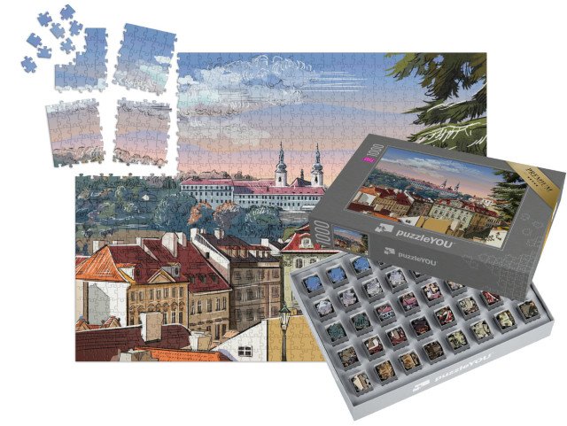SMART SORTED® | Puzzle 1000 dílků „Panoramatická krajina Prahy s vektorovou ruční kresbou, Česká republika“