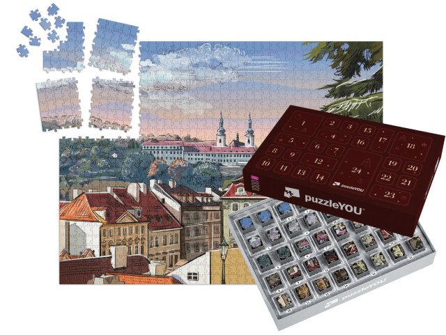 Adventní kalendář „Panoramatická krajina Prahy s vektorovou ruční kresbou, Česká republika“