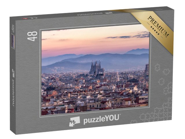 puzzle 48 dílků „Panoramatický výhled na chrám Sagrada Família a Barcelonu, Španělsko“