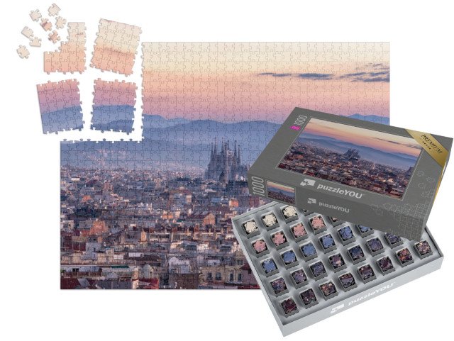 SMART SORTED® | Puzzle 1000 dílků „Panoramatický výhled na chrám Sagrada Família a Barcelonu, Španělsko“