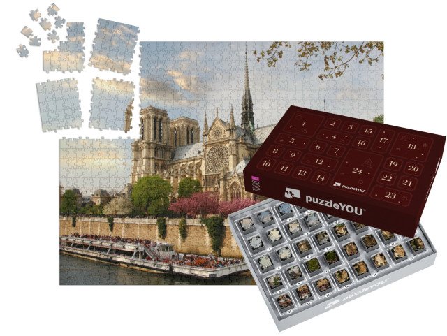 Adventní kalendář „Paříž, Notre Dame s lodí na Seině, Francie“