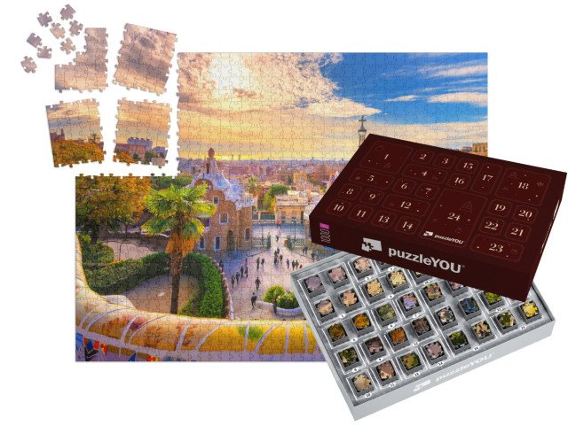 Adventní kalendář „Pohled na Barcelonu z parku Güell v Barceloně, Španělsko“