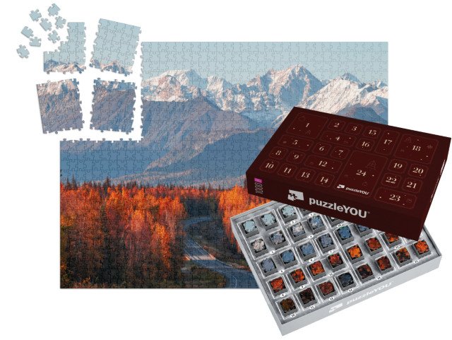 Adventní kalendář „Pohled na Denali, horu Foraker a Aljašské pohoří z dálnice Parks Highway“