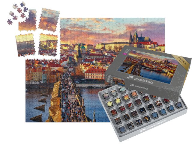 SMART SORTED® | Puzzle 1000 dílků „Pohled na Karlův most, Pražský hrad a řeku shora, Česká republika“