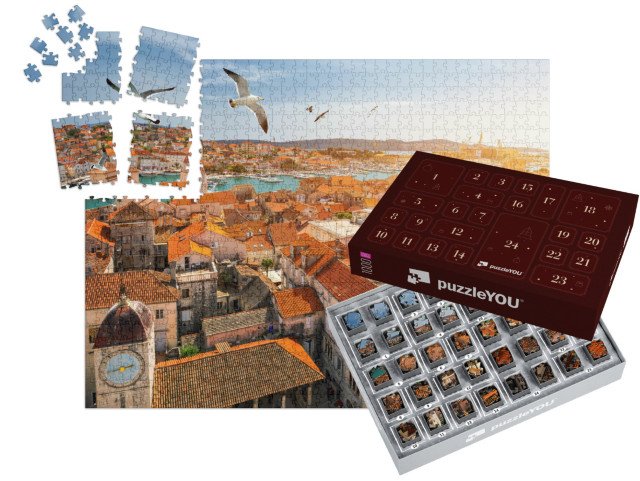 Adventní kalendář „Pohled na město Trogir s racky, Chorvatsko“
