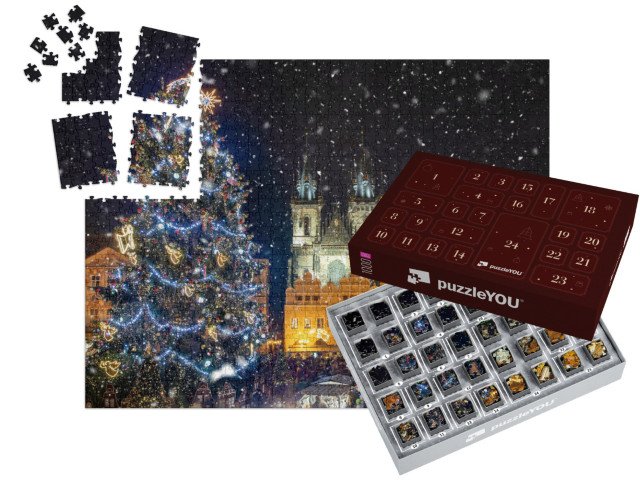 Adventní kalendář „Pohled na Staroměstské náměstí s vánočními trhy, Praha, Česká republika“
