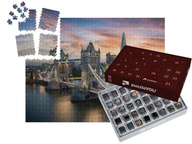 Adventní kalendář „Pohled na večerní osvětlení mostu Tower Bridge, Londýn, Anglie“