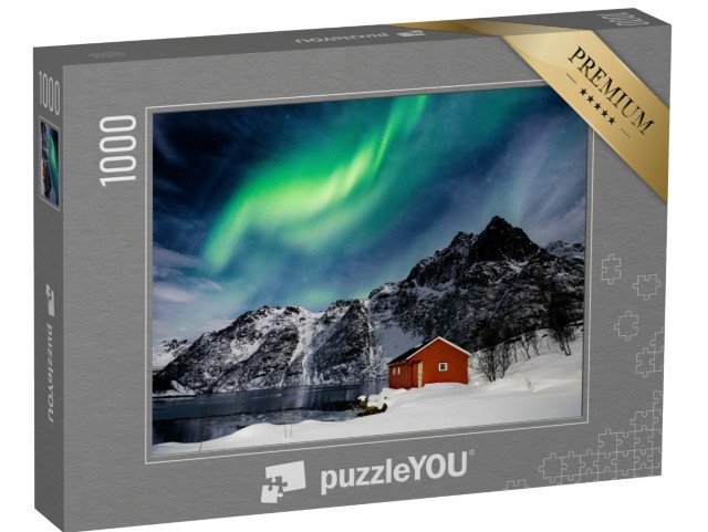 puzzle 1000 dílků „Polární záře nad horským jezerem, Lofoty“