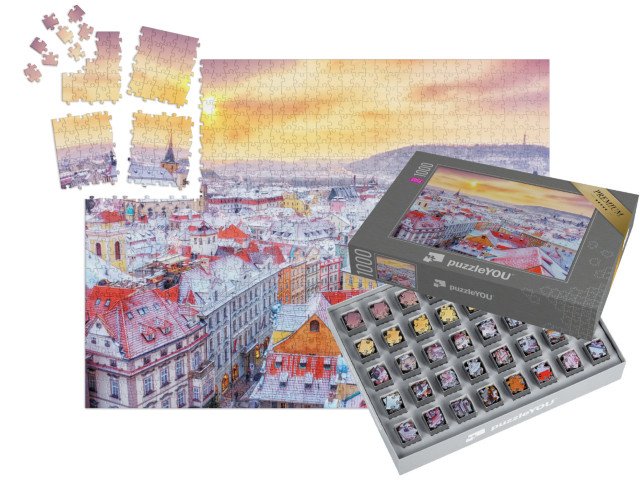 SMART SORTED® | Puzzle 1000 dílků „Praha o Vánocích, pohled na zasněžené střechy, Česká republika“