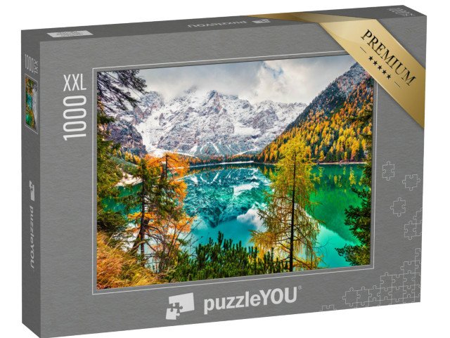 puzzle 1000 dílků XXL „První sníh na jezeře Braies, Dolomity, Itálie“