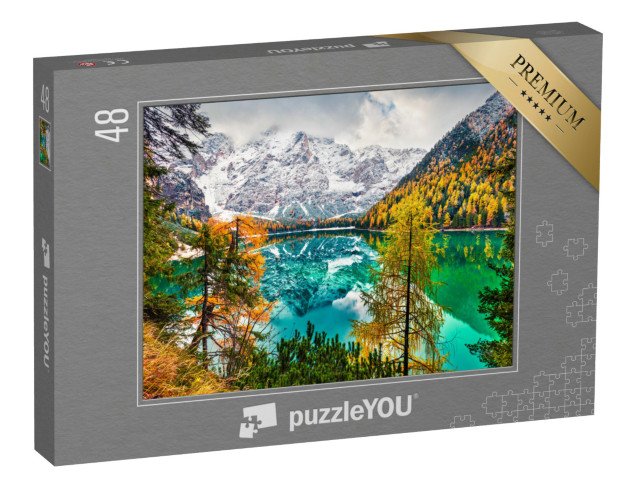 puzzle 48 dílků „První sníh na jezeře Braies, Dolomity, Itálie“