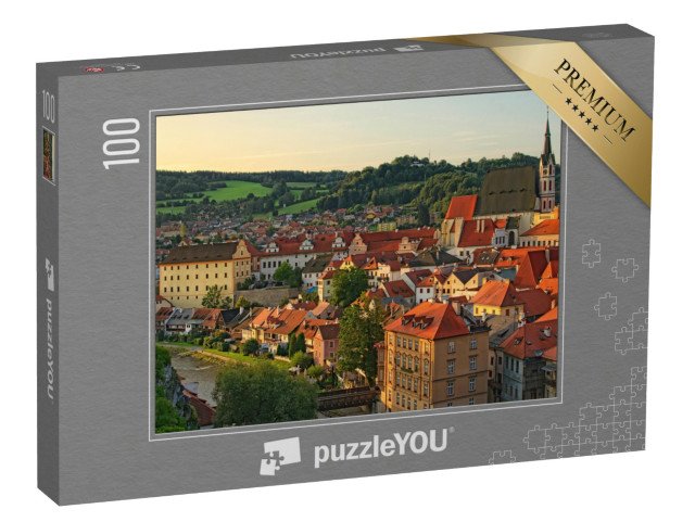 puzzle 100 dílků „Ranní krajina města s červenými taškovými střechami, Krumlov, Česká republika“