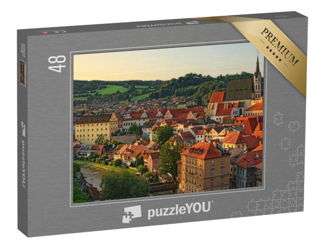 puzzle 48 dílků „Ranní krajina města s červenými taškovými střechami, Krumlov, Česká republika“