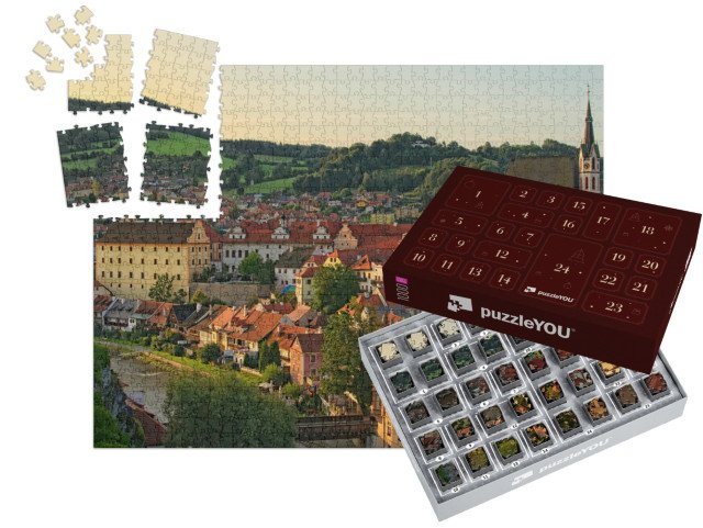 Adventní kalendář „Ranní krajina města s červenými taškovými střechami, Krumlov, Česká republika“