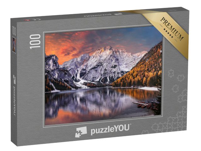 puzzle 100 dílků „Ranní scéna u jezera Braies, Dolomity, Itálie“