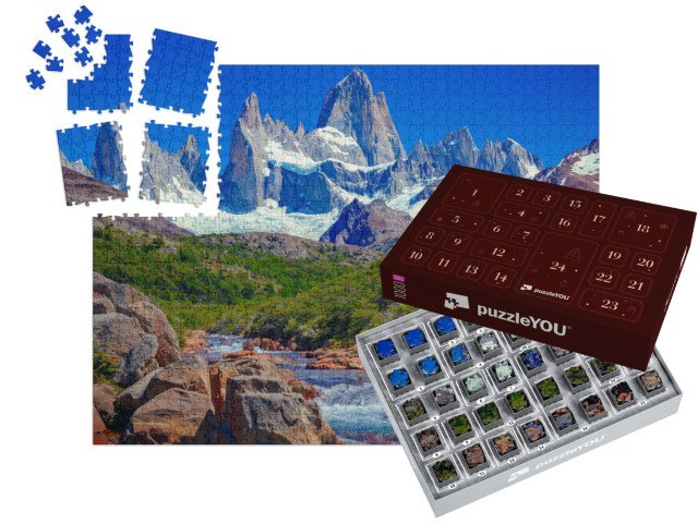 Adventní kalendář „Řeka v El Chaltén a hora Fitz Roy v jižních patagonských Andách“