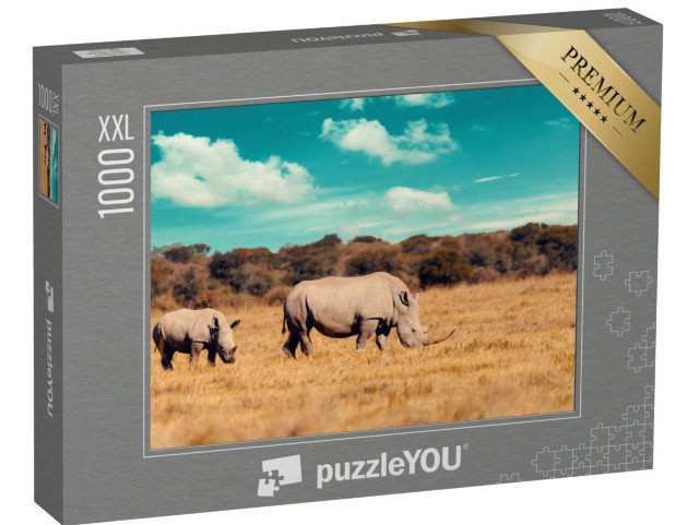 puzzle 1000 dílků XXL „Rodina nosorožců, matka s mládětem nosorožce bílého, Botswana“