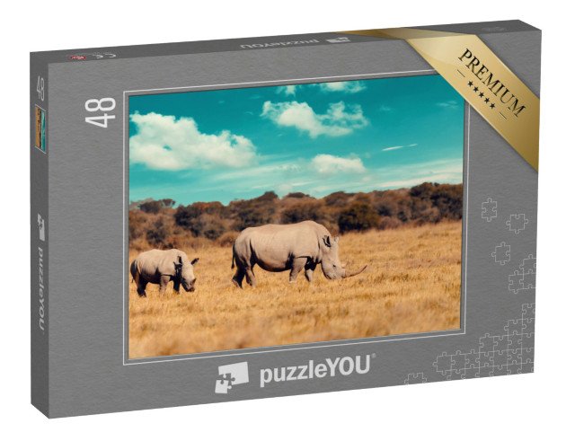 puzzle 48 dílků „Rodina nosorožců, matka s mládětem nosorožce bílého, Botswana“