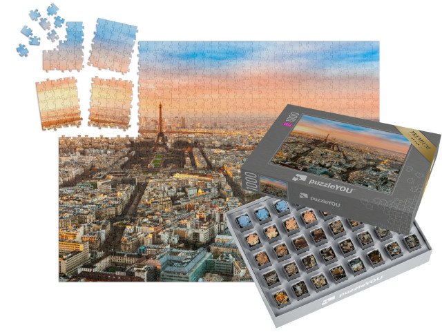 SMART SORTED® | Puzzle 1000 dílků „Širokoúhlý pohled na Paříž za soumraku, Francie“