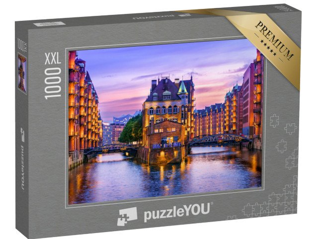 puzzle 1000 dílků XXL „Skladištní čtvrť za soumraku v hamburském přístavu, Hamburk“