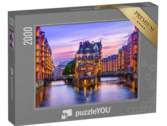 puzzle 2000 dílků „Skladištní čtvrť za soumraku v hamburském přístavu, Hamburk“